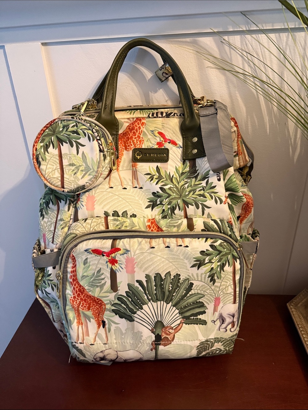 Jungle Safari Print Backpack with Green Trim Perfect as a Diaper Bag